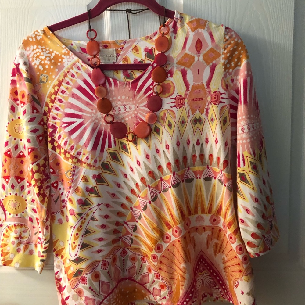 Chico's Pink, Orange & Yellow Patterned Tunic